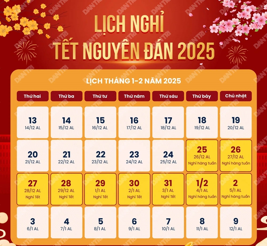 Lịch nghỉ tết nguyên Đán và các ngày lễ lớn năm 2025 tại việt nam